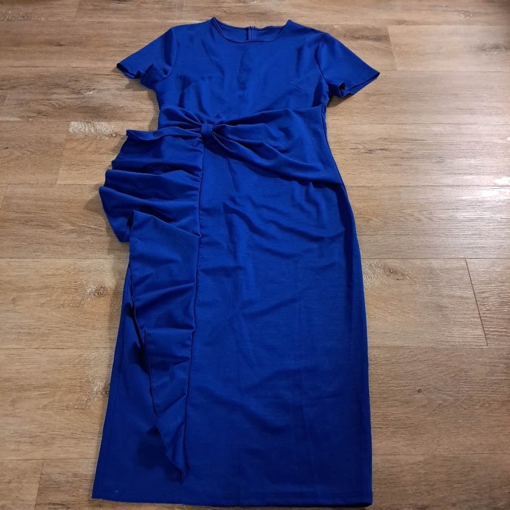 SHEIN Ruffled Trim Solid Royal Blue Short Sleeves Elegant Dress Women Size Large